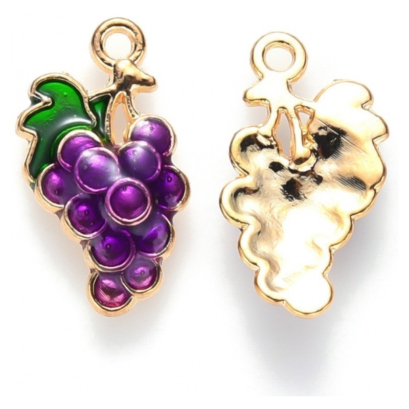 2 Breloques Raisin Fruit en Émail Violet Métal Doré 17x10mm