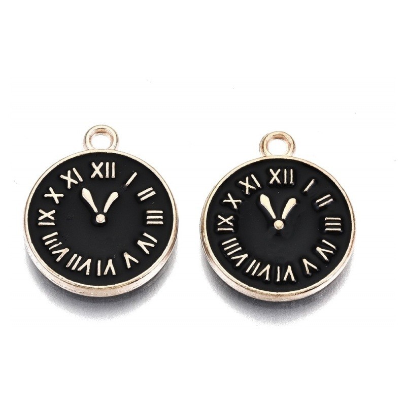 2 Breloques Horloge en Émail Noir Métal Doré 17x14mm