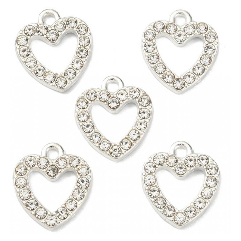 2 Breloques Coeur Strass Métal Argenté 14x12mm Saint Valentin