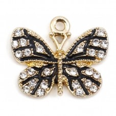 2 Breloques Papillon Noir Métal Doré avec Strèss 19x17mm pour la Création de Bijoux Fantaisie - DIY