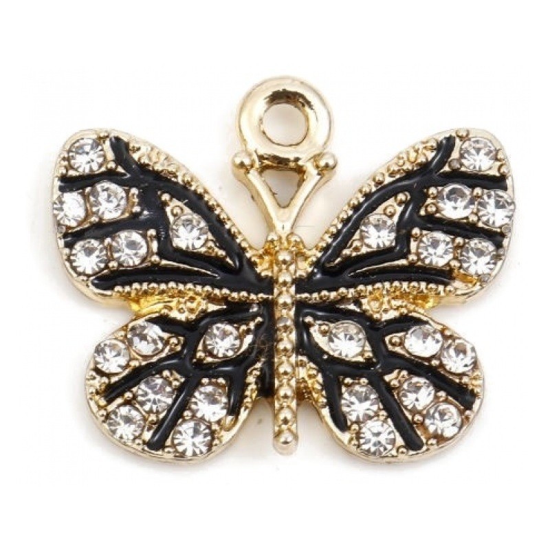 2 Breloques Papillon Noir Métal Doré avec Strass 19x17mm