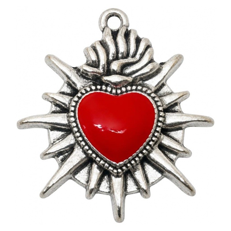 2 Breloques Coeur en Émail Rouge Métal Argenté Gothique 26x24mm