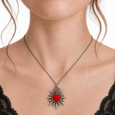 2 Breloques Coeur en Émail Rouge Métal Argenté Gothique 26x24mm