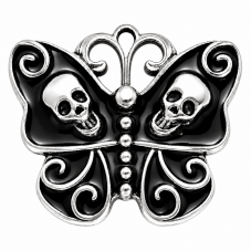 Breloque Papillon Tête de Mort Crâne Métal Argenté en Émail Noir Gothique 23x20mm pour la Création de Bijoux Fantaisie - DIY