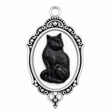 Breloque Pendentif Chat Noir Cabochon en Résine Métal Argenté Gothique 42x23mm pour la Création de Bijoux Fantaisie - DIY