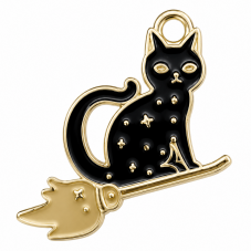 2 Breloques Chat en Émail Noir Métal Doré Halloween 24x22mm pour la Création de Bijoux Fantaisie - DIY