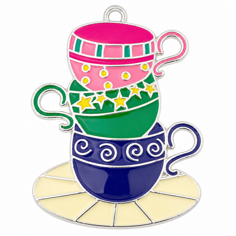 Pendentif Breloque Tasse en Émail Métal Argenté 50x37mm
