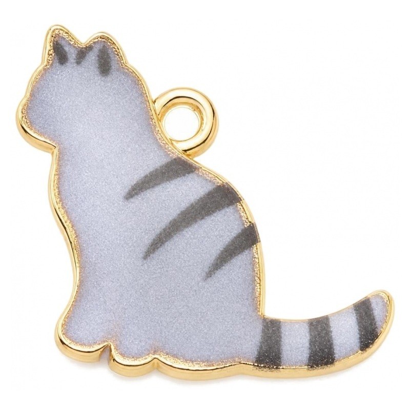 2 Breloques Chat en Émail Gris Métal Doré 19x17mm
