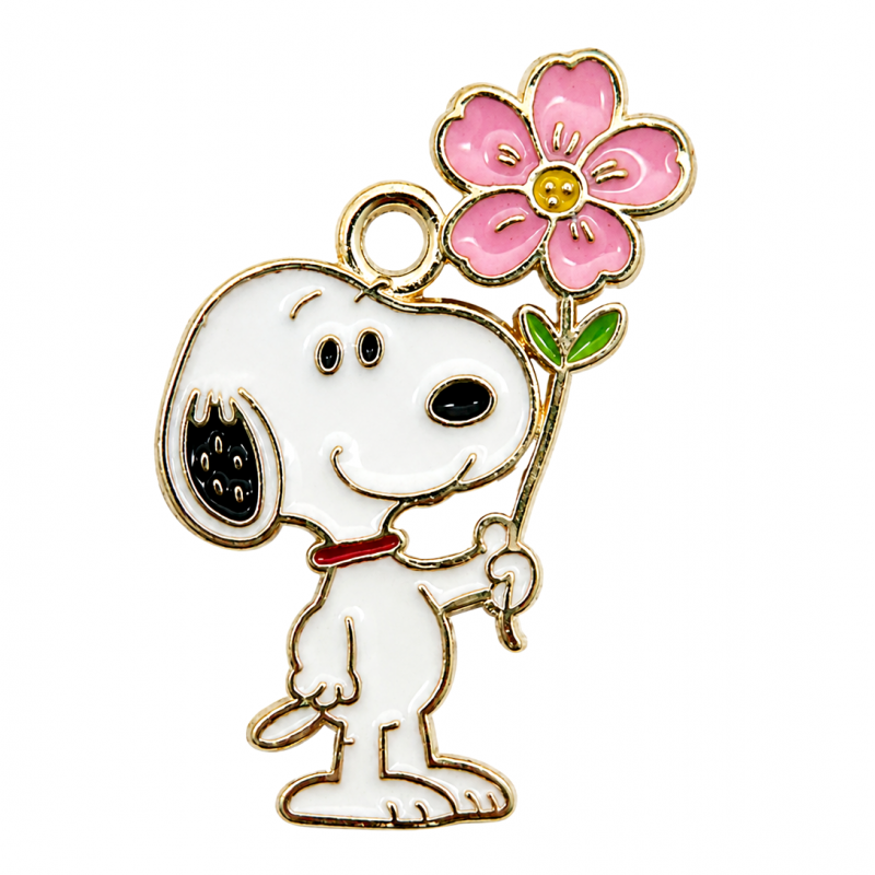 2 Breloques Snoopy Fleur en Émail Métal Doré 27x14mm