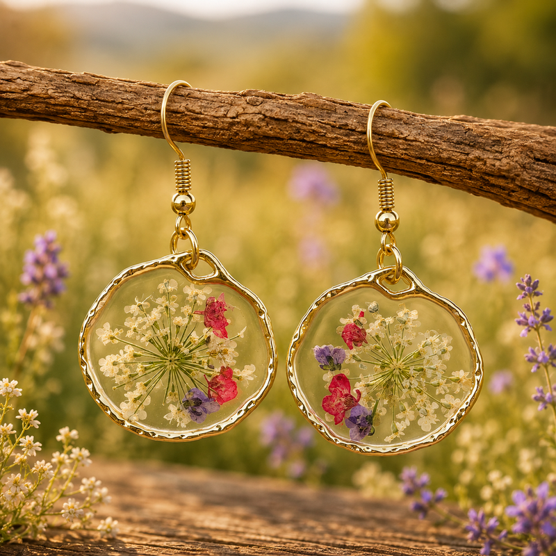 Boucles d’Oreilles Fleurs Séchées en Résine Métal Doré 37x21mm