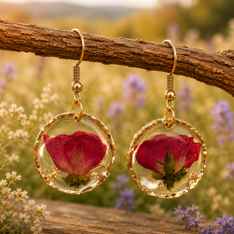 Boucles d’Oreilles Fleurs Séchées en Résine Métal Doré 37x21mm