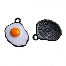 2 Breloques Oeuf au Plat Émail Métal Noir 19x16mm