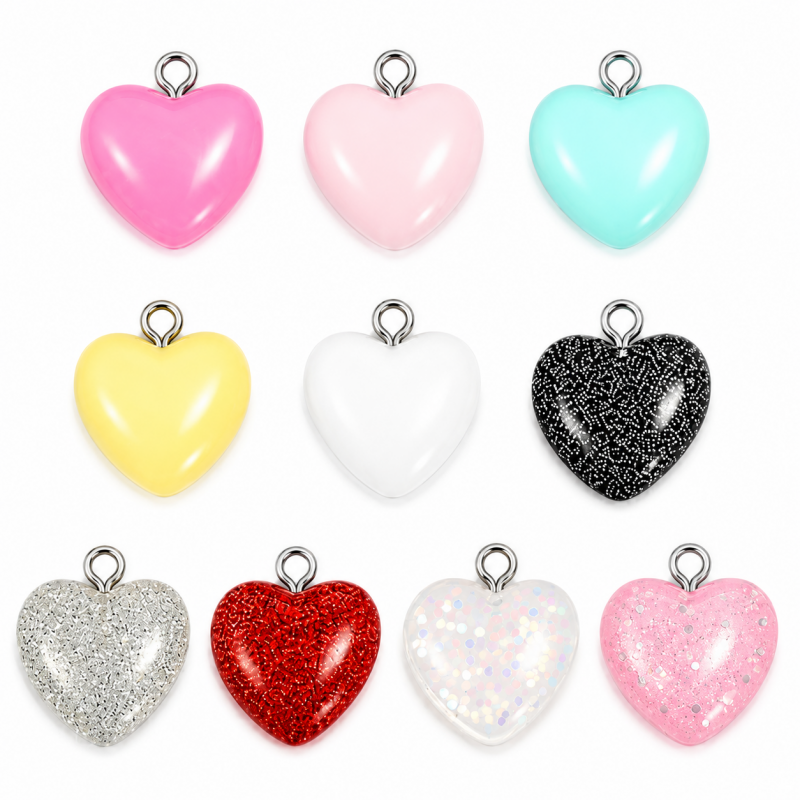 4 Breloques en Résine Coeur Paillettes Multicolore 16mm Saint Valentin