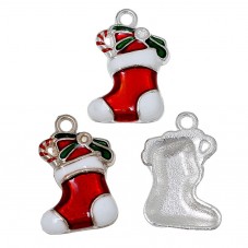 2 Breloques Chaussette de Noël en Émail Métal Argenté ou Doré 24x15mm