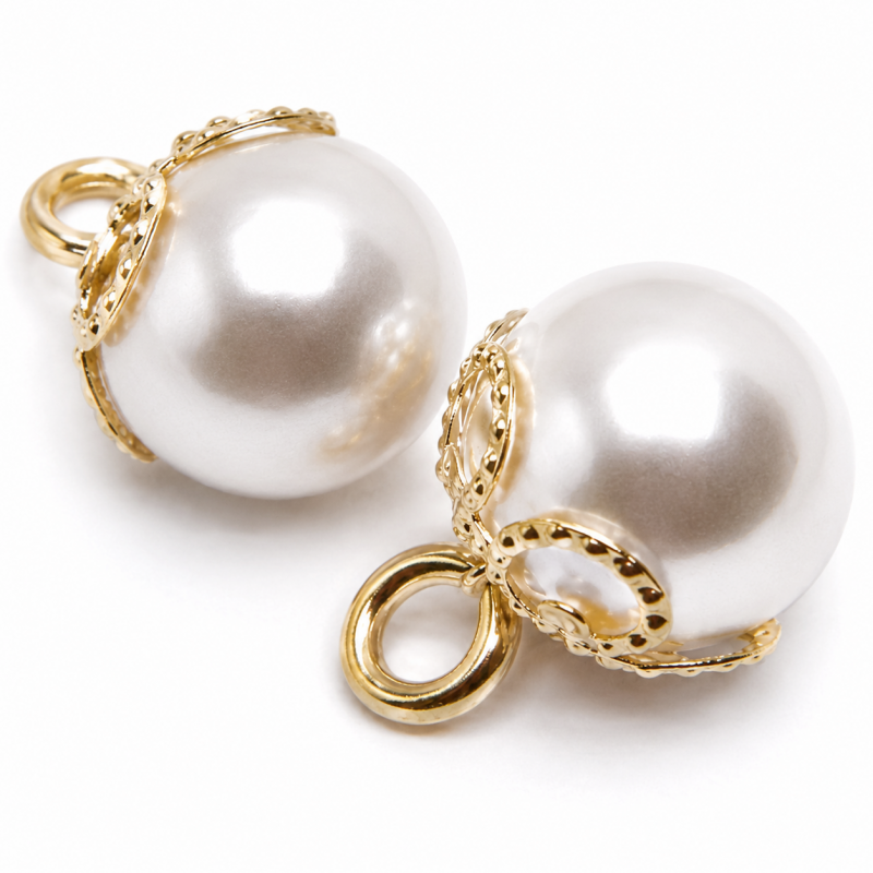 2 Breloques Perle Couleur Blanc 10mm Métal Doré