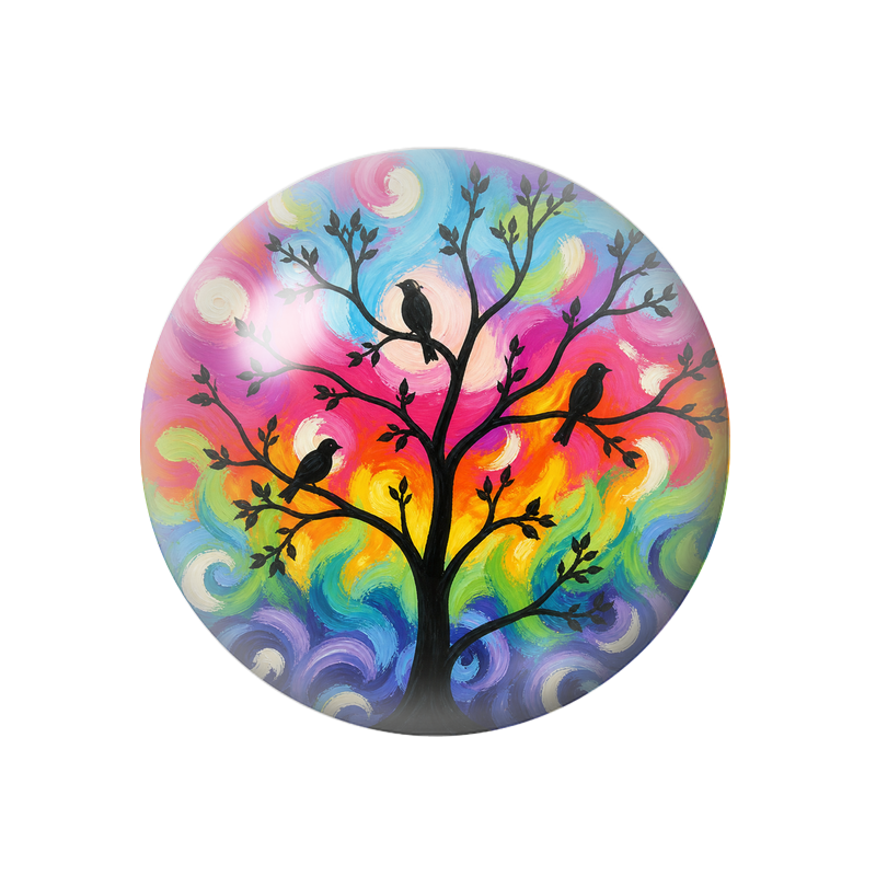 Cabochon en Verre Illustré Arbre Noir aux Trois Oiseaux 12 à 25mm