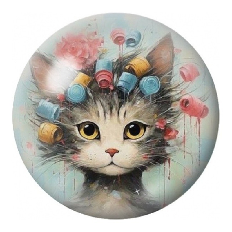Cabochon en Verre Illustré Chat aux Bigoudis Colorés 12 à 25mm