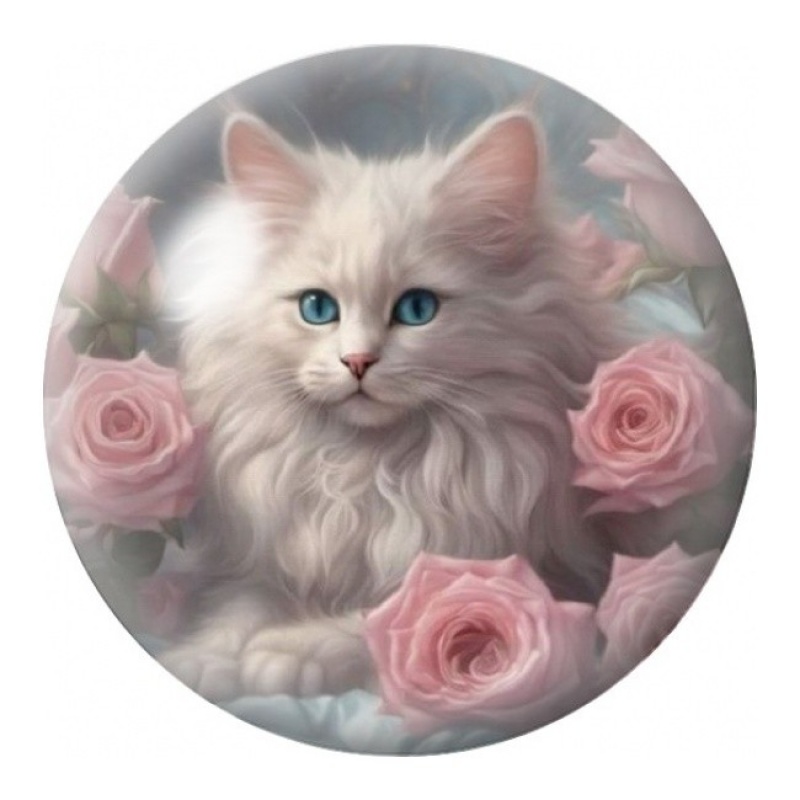 Cabochon en Verre Illustré Chat Blanc parmi les Roses 12 à 25mm