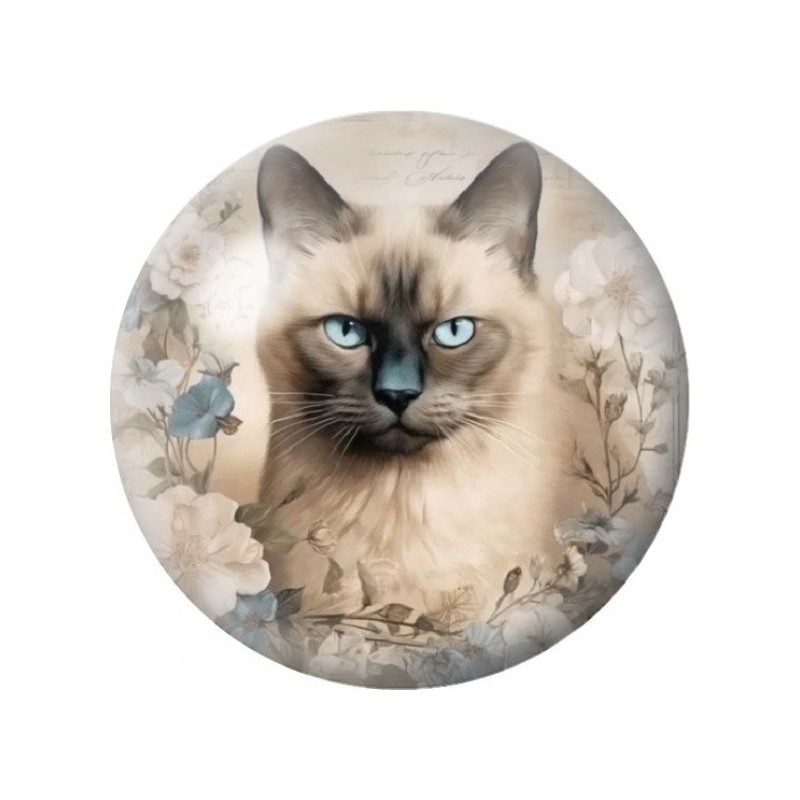 Cabochon en Verre Illustré Chat Siamois dans un Jardin Floral 12 à 25mm
