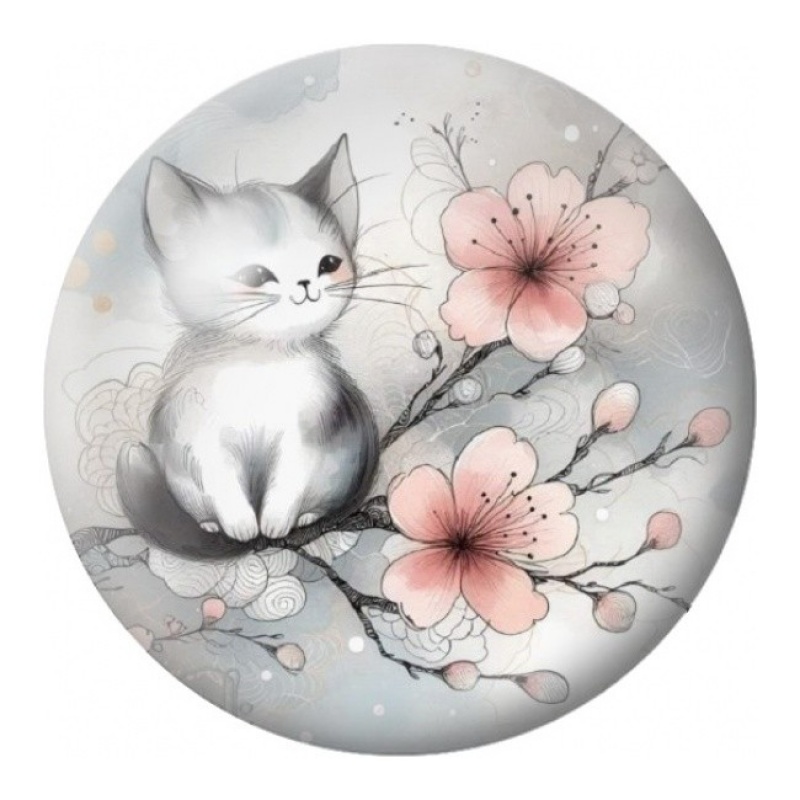 Cabochon en Verre Illustré Chaton aux Fleurs de Cerisier 12 à 25mm