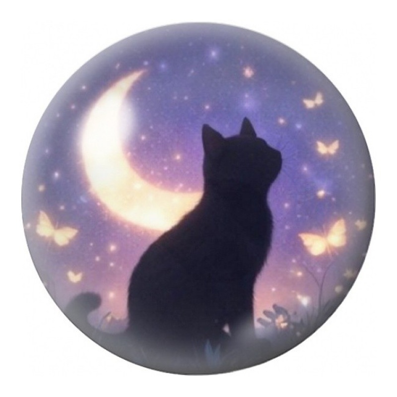 Cabochon en Verre Illustré Silhouette de Chat devant la Lune 12 à 25mm