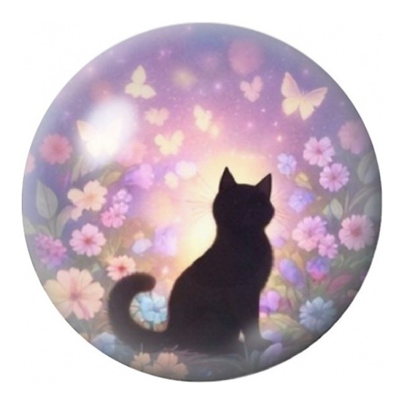 Cabochon en Verre Illustré Silhouette de Chat parmi les Fleurs 12 à 25mm