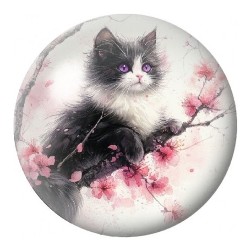 Cabochon en Verre Illustré Chat Noir et Blanc aux Fleurs 12 à 25mm