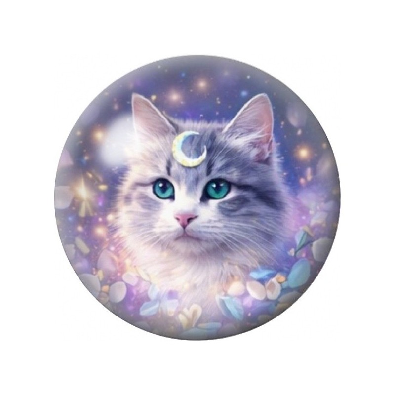 Cabochon en Verre Illustré Chat Gris au Croissant de Lune 12 à 25mm