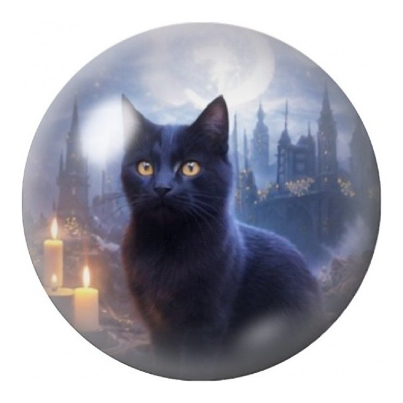 Cabochon en Verre Illustré Chat Noir devant un Château 12 à 25mm