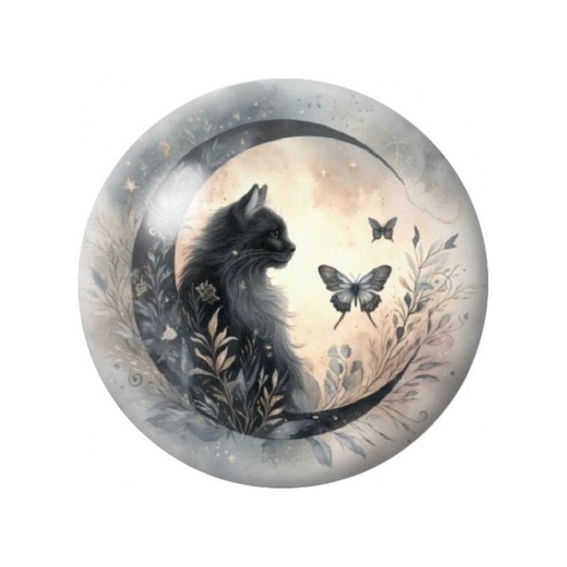 Cabochon en Verre Illustré Chat Noir au Papillon Lunaire 12 à 25mm