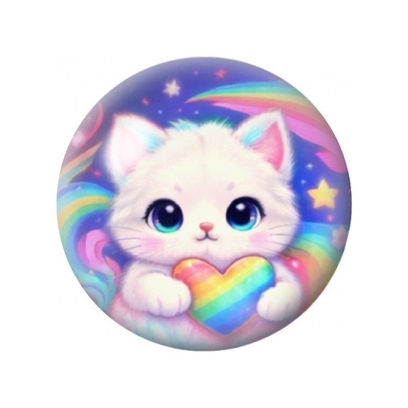Cabochon en Verre Illustré Chaton Blanc au Cœur Arc-en-Ciel 12 à 25mm