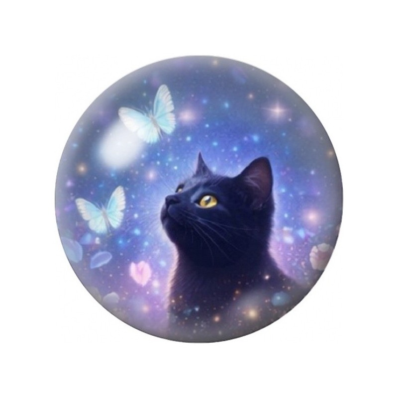 Cabochon en Verre Illustré Chat Noir aux Papillons Lumineux 12 à 25mm