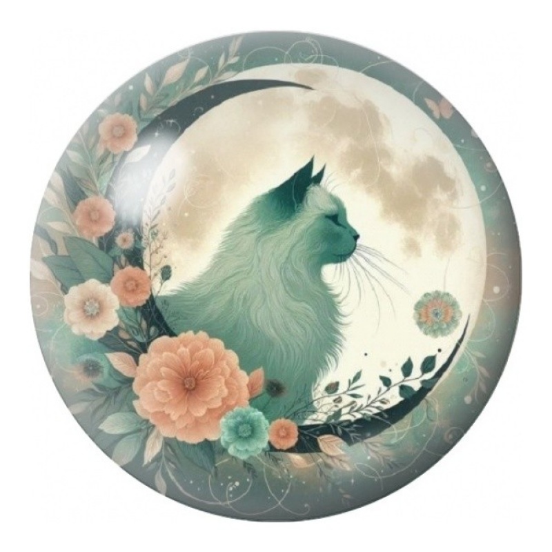 Cabochon en Verre Illustré Chat devant la Lune Fleurie 12 à 25mm