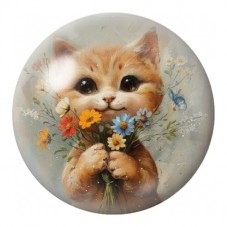 Cabochon en Verre Illustré Chaton Roux au Bouquet de Fleurs 12 à 25mm pour la Création de Bijoux Fantaisie - DIY