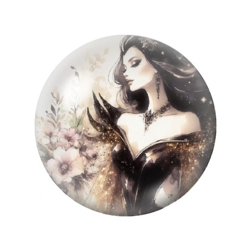 Cabochon en Verre Illustré Femme Gothique sur Fond Fleuri 12 à 25mm