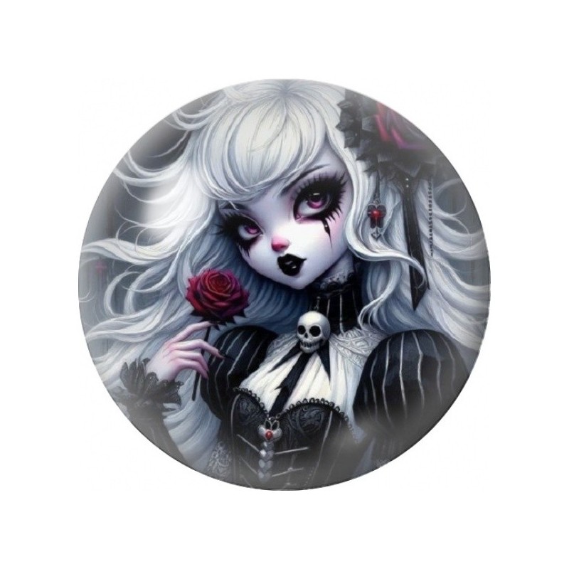 Cabochon en Verre Illustré Jeune Fille Gothique à la Rose 12 à 25mm