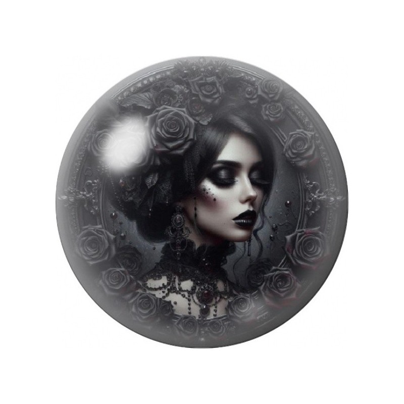 Cabochon en Verre Illustré Femme Gothique aux Roses Grises 12 à 25mm