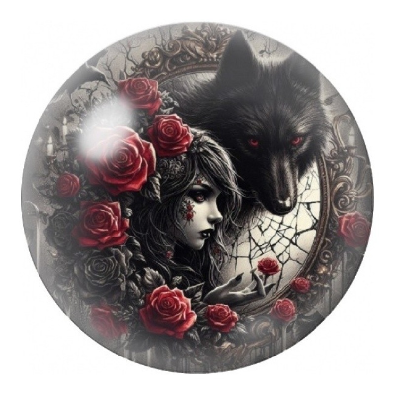 Cabochon en Verre Illustré Femme Gothique avec Loup et Roses 12 à 25mm
