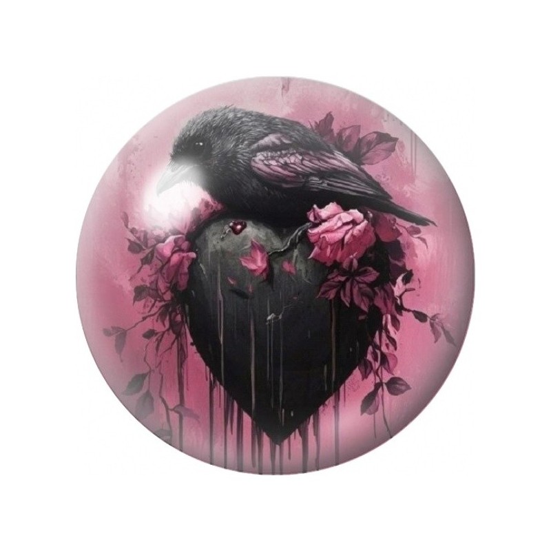 Cabochon en Verre Illustré Cœur Noir au Corbeau et Roses 12 à 25mm