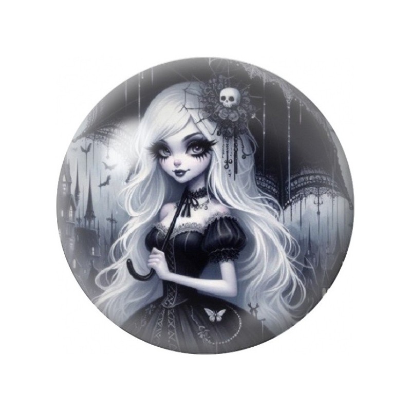 Cabochon en Verre Illustré Jeune Fille Gothique au Crâne 12 à 25mm