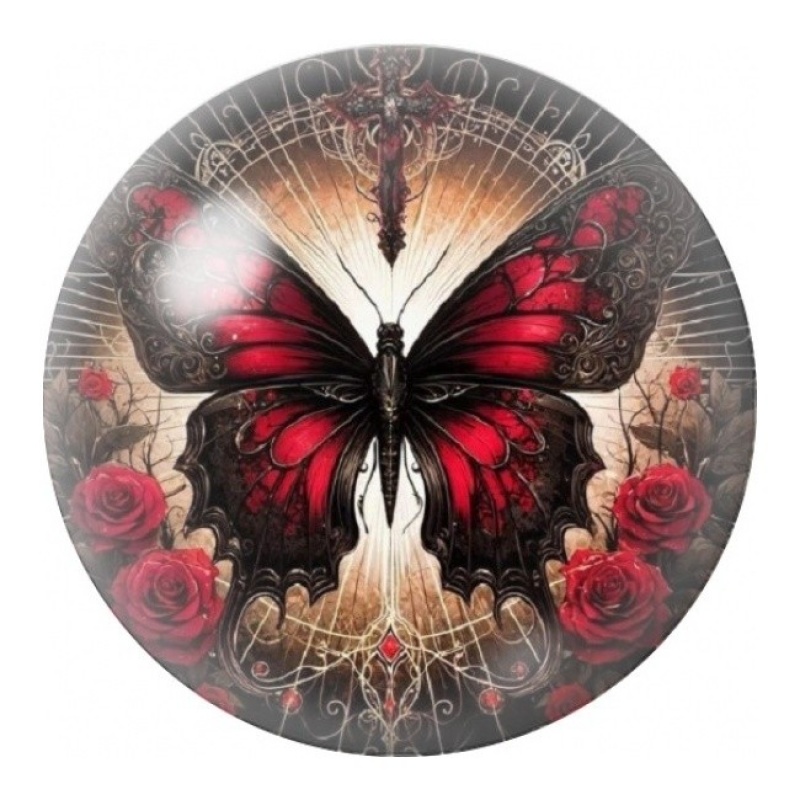 Cabochon en Verre Illustré Papillon Rouge aux Roses 12 à 25mm