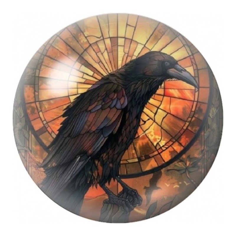 Cabochon en Verre Illustré Corbeau devant un Vitrail Orange 12 à 25mm