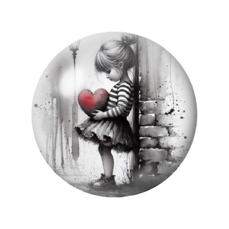 Cabochon en Verre Illustré Petite Fille au Cœur Rouge 12 à 25mm