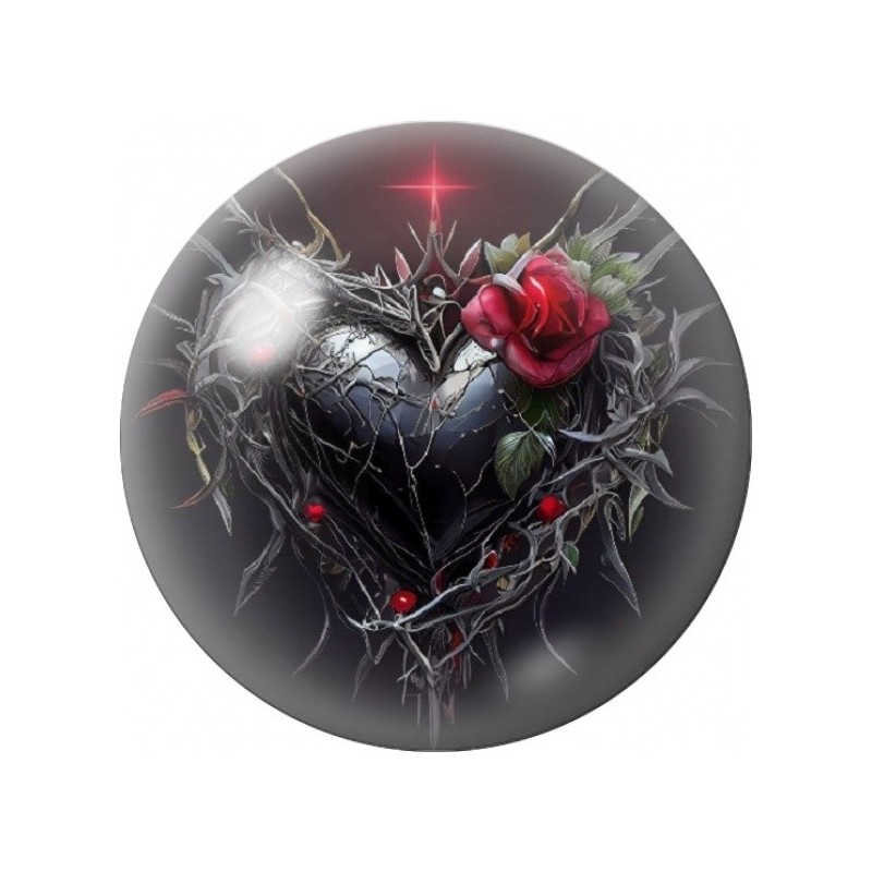 Cabochon en Verre Illustré Cœur Noir aux Épines et Rose Rouge 12 à 25mm