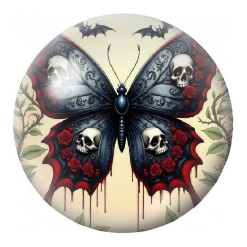 Cabochon en Verre Illustré Papillon Gothique aux Crânes 12 à 25mm