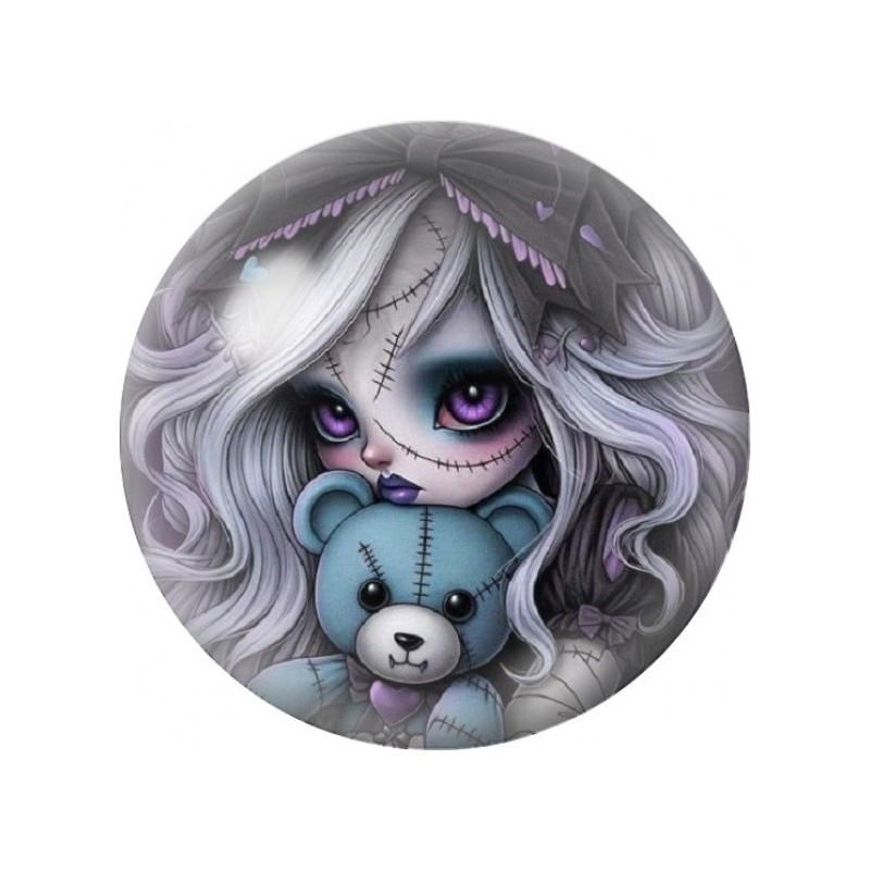 Cabochon en Verre Illustré Petite Fille Gothique à l’Ours Bleu 12 à 25mm