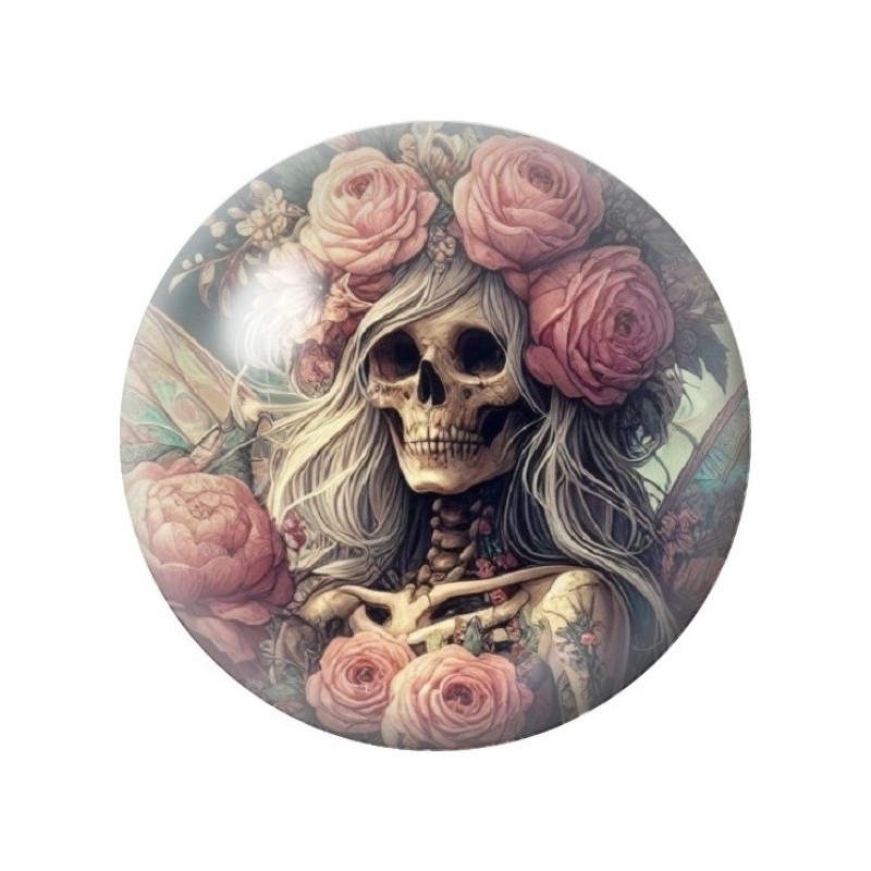 Cabochon en Verre Illustré Femme Squelette aux Roses 12 à 25mm