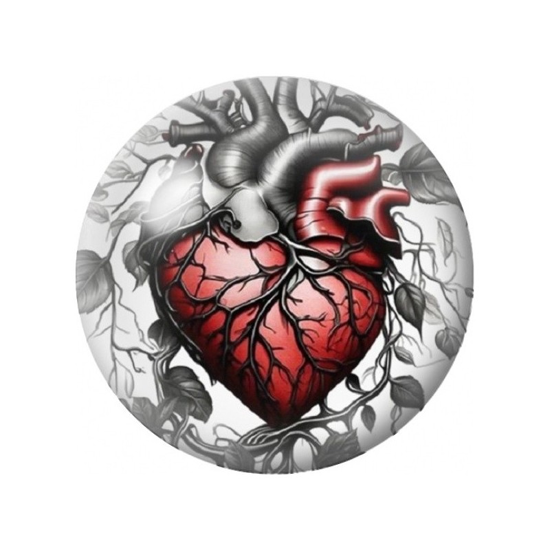 Cabochon en Verre Illustré Cœur Anatomique Rouge et Noir 12 à 25mm