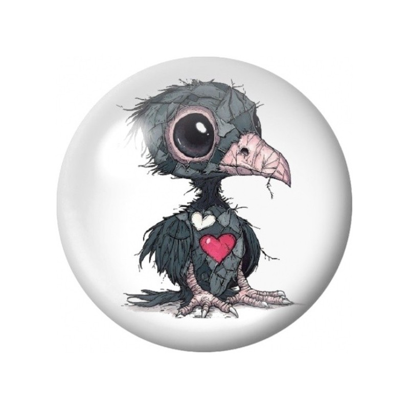 Cabochon en Verre Illustré Corbeau Ébouriffé au Cœur Rose 12 à 25mm