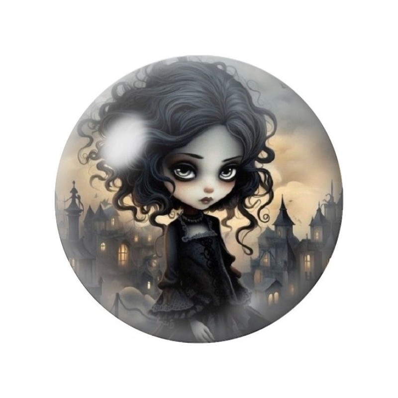 Cabochon en Verre Illustré Jeune Fille Gothique au Village 12 à 25mm